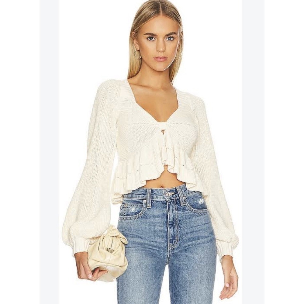 Cleobella Revolve Loura Ivory Knit Top Cropped Ruffle Puff Sleeve Size M $248